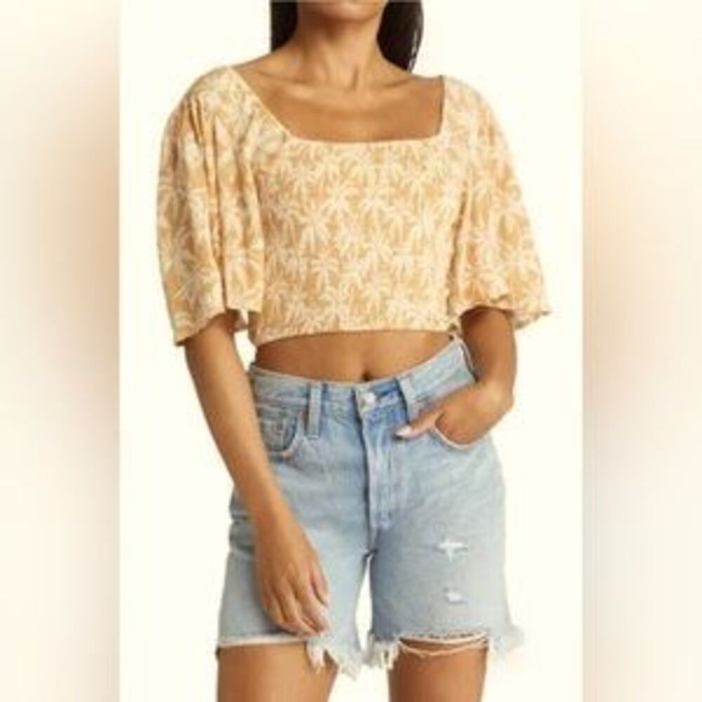 Rip Curl Palm Tree Print Smocked Crop Top Mustard Yellow Flutter Sleeve Medium